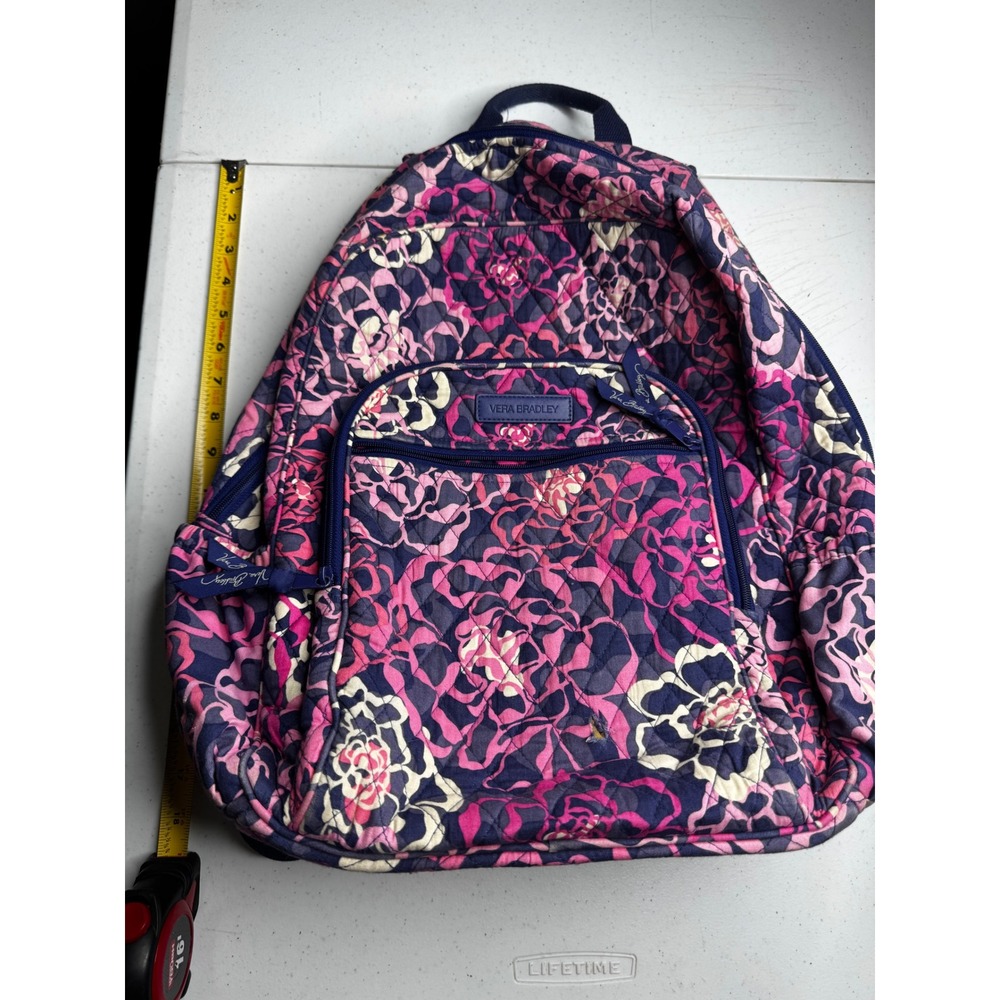 Vera Bradley Quilted Cotton Backpack Pink Navy Blue Floral School Travel Bag